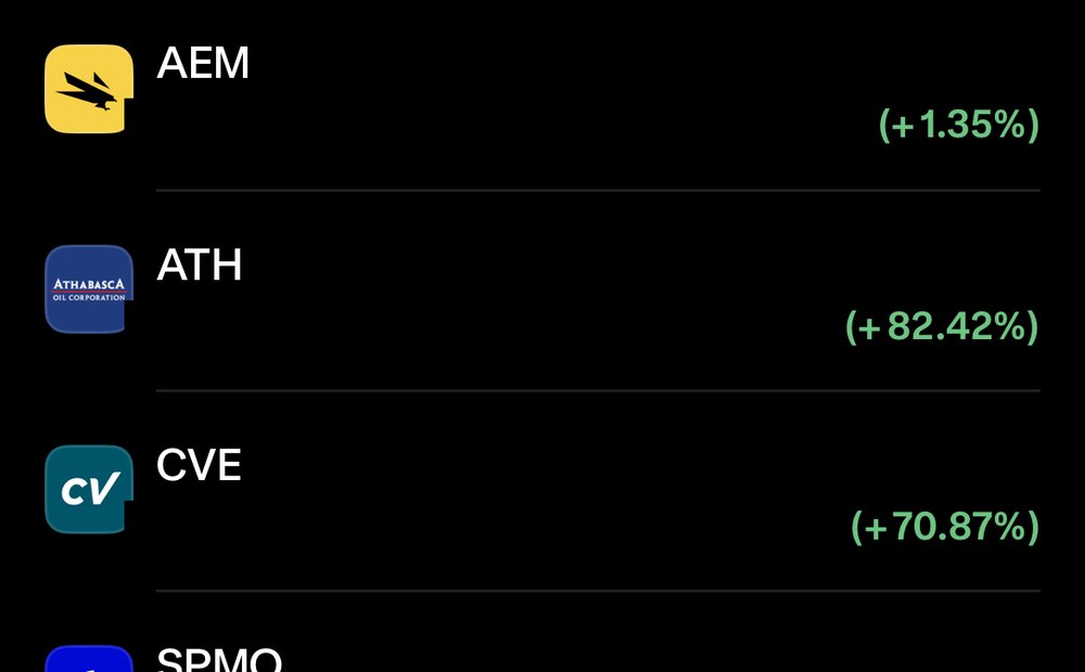 Portfolio holdings in gold and energy names, showing percentage returns with dollar amounts hidden